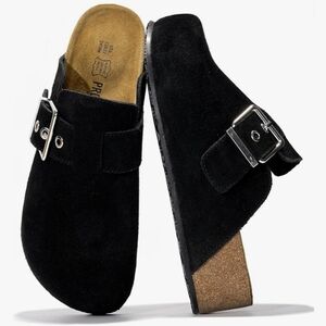 Black Suede Mules with Buckle